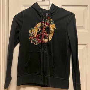 Lucky Brand Hoodie L Blue Embroidery Peace Sign With Flowers And Birds